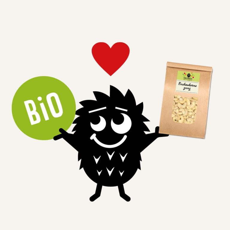 Vielfrass-Monster mit einem grünen Kreis, in dem "Bio" steht, einem Herz über dem Kopf und einer Tüte Cashewkerne in der Hand
